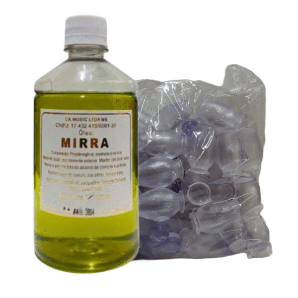 kit Chaveiro Botija Transparente com 48 unidades + Um frasco de óleo ungido de Mirra 500 ML